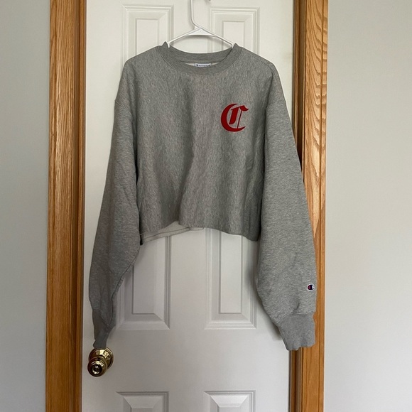 Champion Reverse Weave Grey Cropped Spellout Sweatshirt Size 2XL - Picture 2 of 8